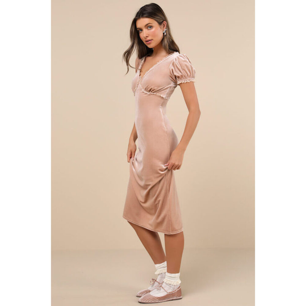 Lulus Idyllic Poise Blush Pink Velvet Puff Sleeve Lace Midi Dress - Size S New